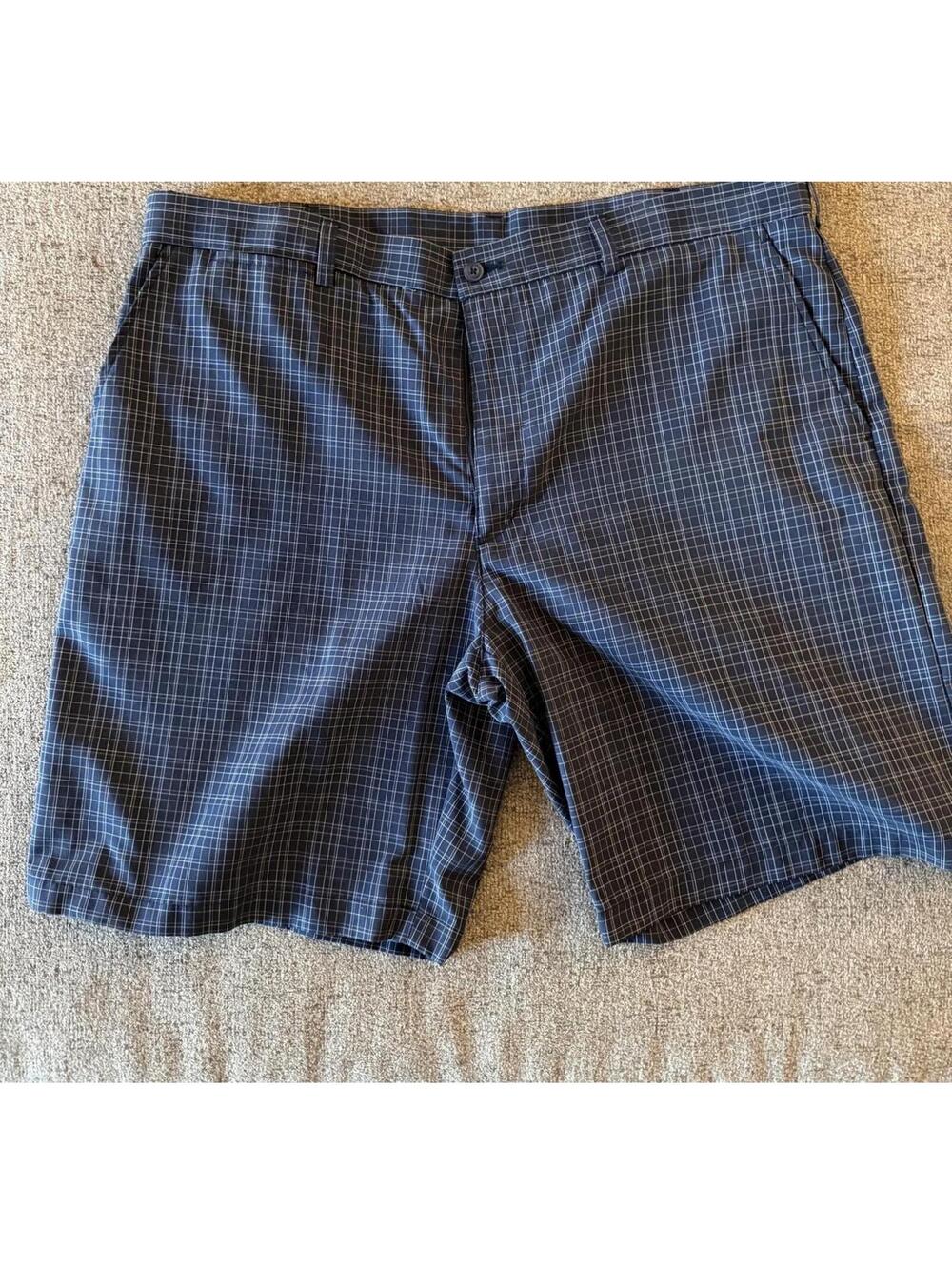 PGA TOUR Men's 40 Blue Plaid Golf Shorts Polyester Flat Front